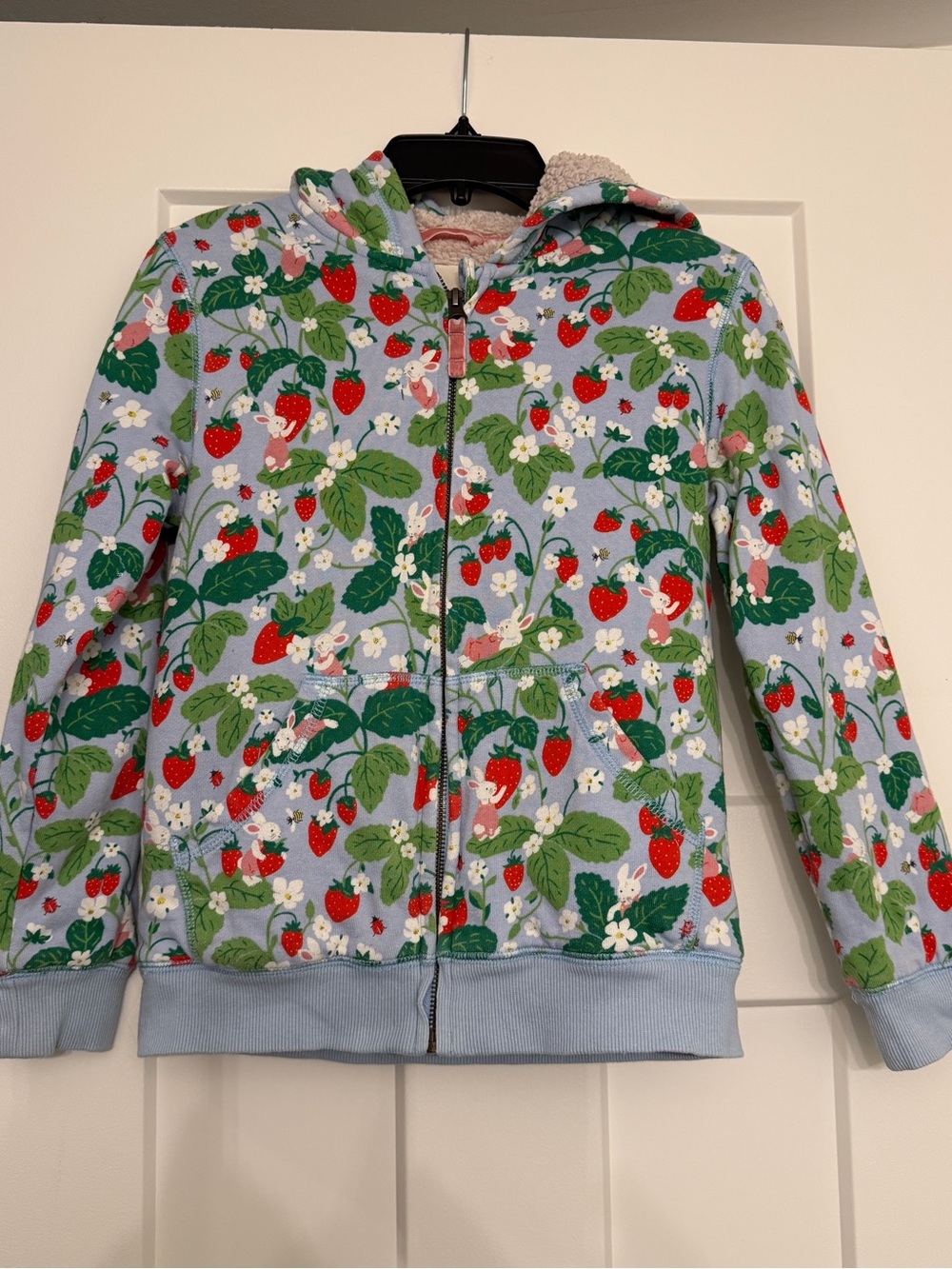 RARE! Mini Boden Light Blue Bunny Strawberry Field Print Zip Hoodie size 9-10Y